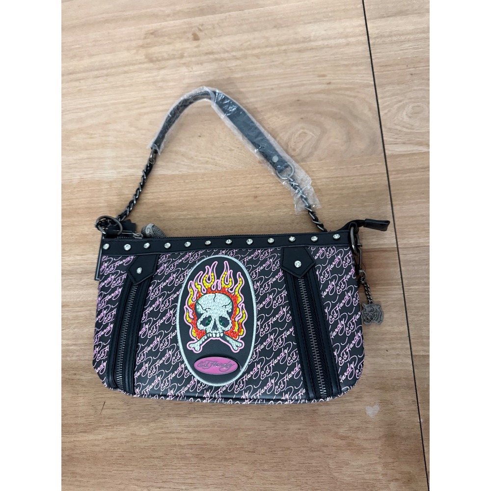 Ed Hardy Black Pink Flaming Skull Logo Shoulder Bag Y2K New